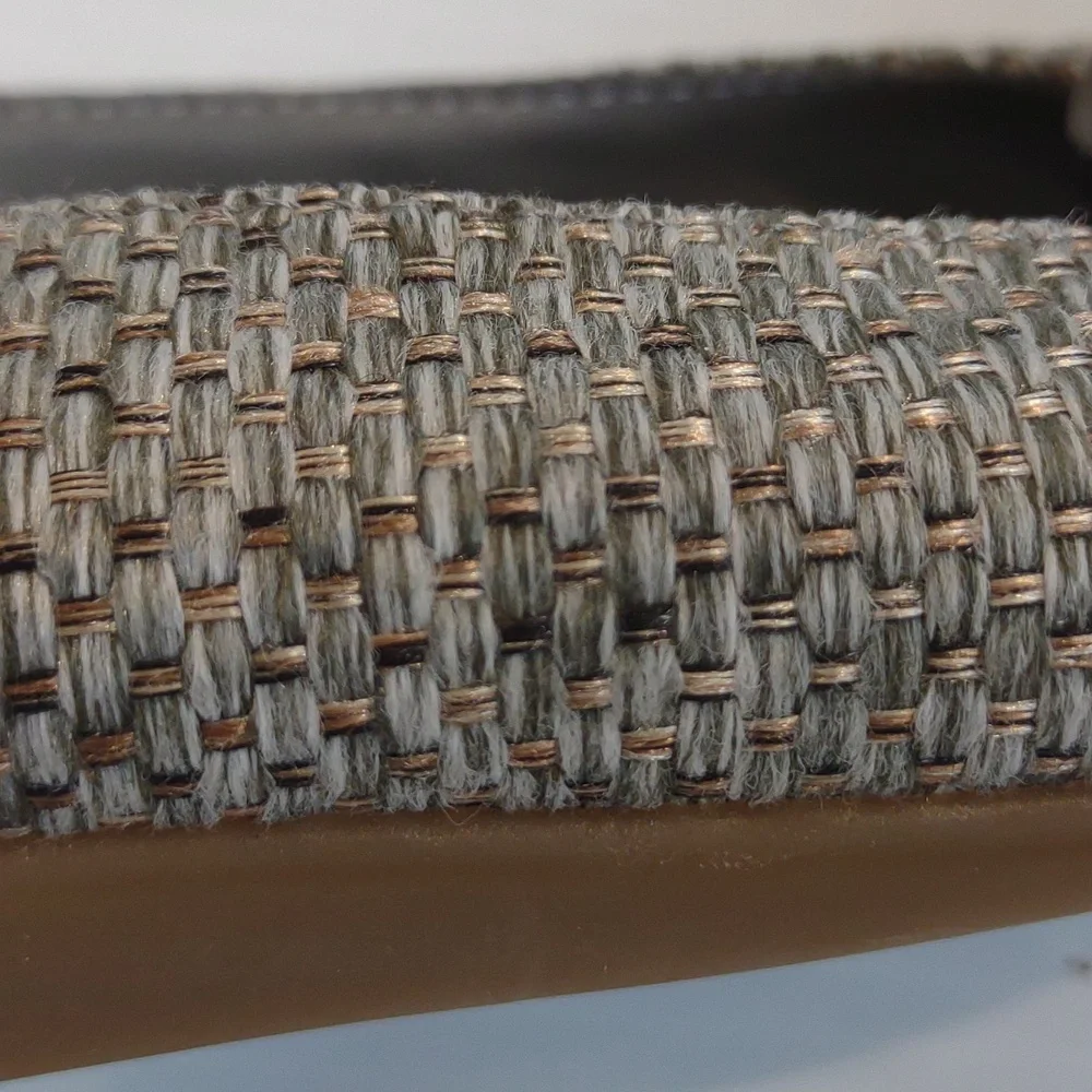 A2 Aerosoles Atmosphere Gray Gold Weave Open Toe Slingback Flower Detail Wedges